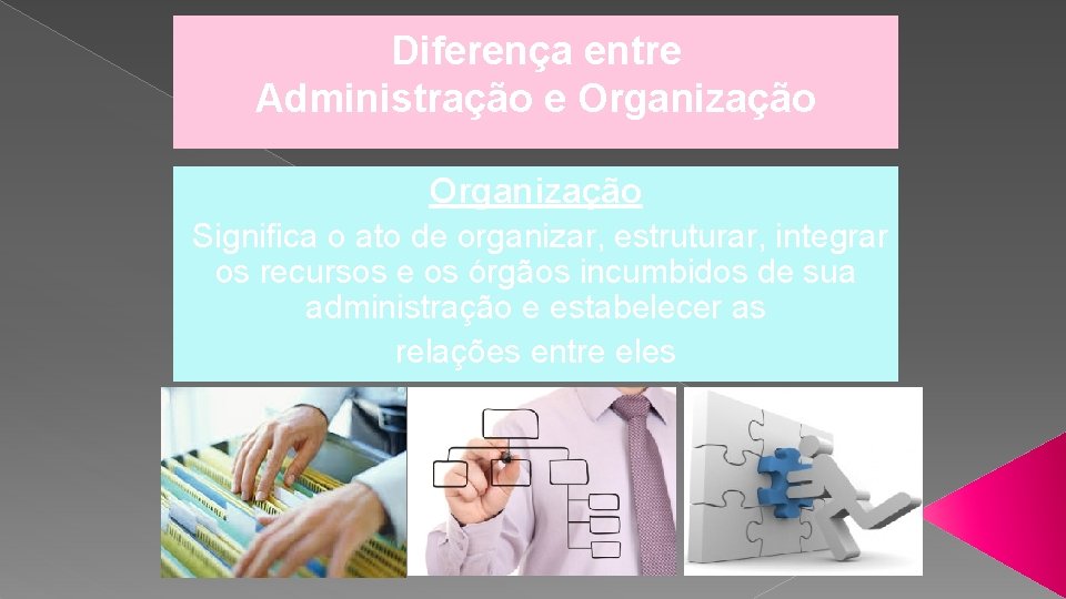 Diferença entre Administração e Organização Significa o ato de organizar, estruturar, integrar os recursos