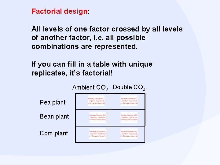 Factorial design: All levels of one factor crossed by all levels of another factor,