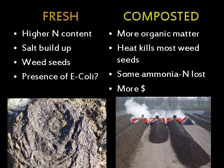 FRESH • • Higher N content Salt build up Weed seeds Presence of E-Coli?