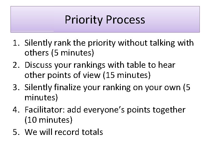 Priority Process 1. Silently rank the priority without talking with others (5 minutes) 2.