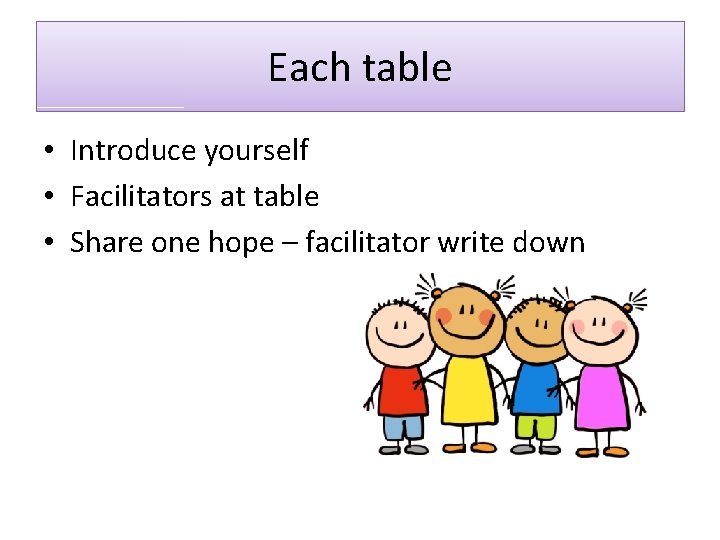 Each table • Introduce yourself • Facilitators at table • Share one hope –