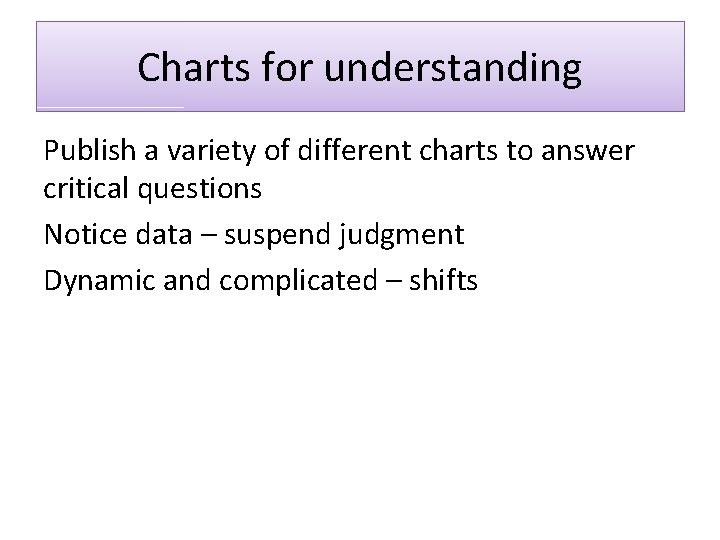 Charts for understanding Publish a variety of different charts to answer critical questions Notice