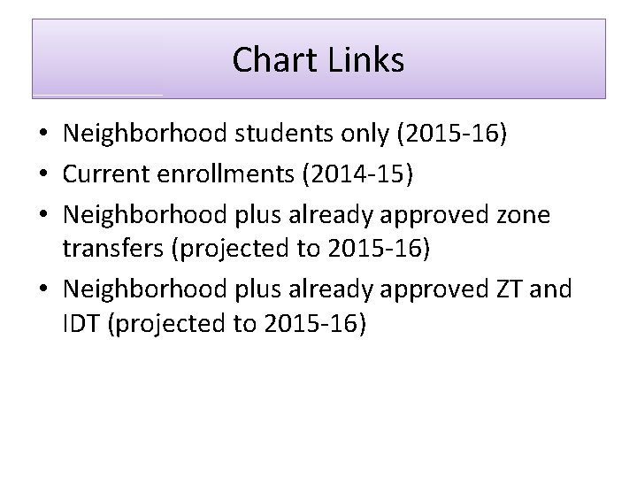Chart Links • Neighborhood students only (2015 -16) • Current enrollments (2014 -15) •