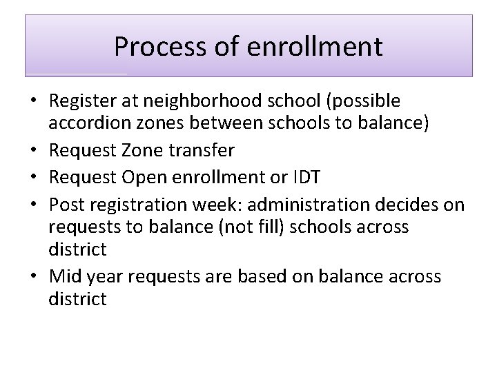 Process of enrollment • Register at neighborhood school (possible accordion zones between schools to