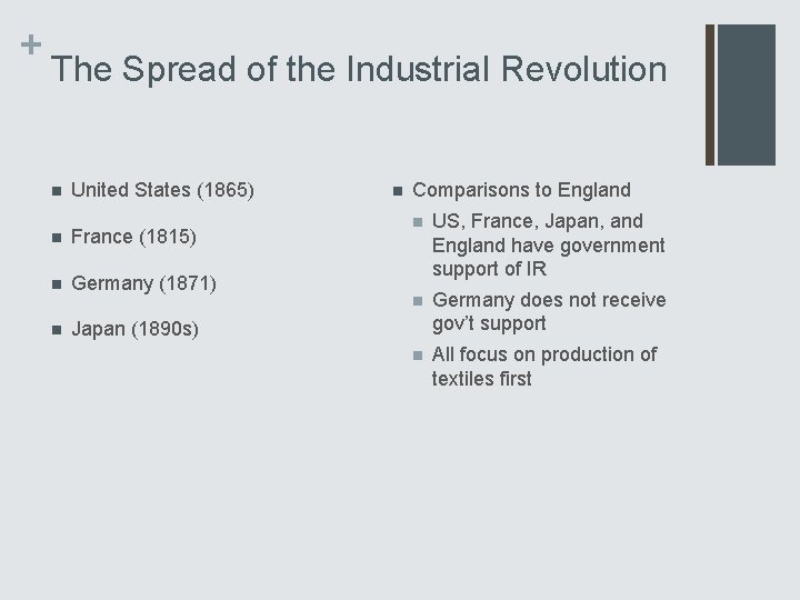 + The Spread of the Industrial Revolution n United States (1865) n France (1815)