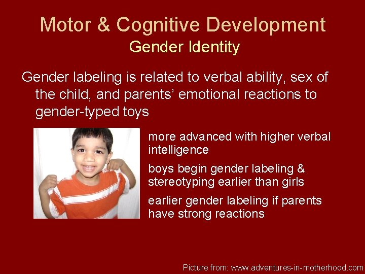 Motor & Cognitive Development Gender Identity Gender labeling is related to verbal ability, sex