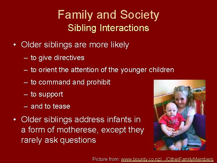 Family and Society Sibling Interactions • Older siblings are more likely – to give