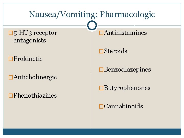 Nausea/Vomiting: Pharmacologic � 5 -HT 3 receptor �Antihistamines antagonists �Steroids �Prokinetic �Benzodiazepines �Anticholinergic �Butyrophenones