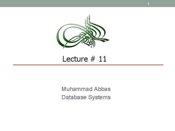 1 Lecture # 11 Muhammad Abbas Database Systems 