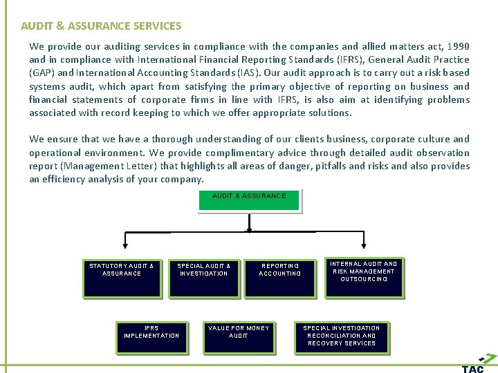 AUDIT & ASSURANCE SERVICES We provide our auditing services in compliance with the companies