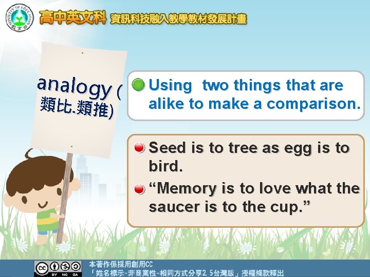 analogy ( 類比. 類推) Using two things that are alike to make a comparison. analogy ( 類比. 類推) Using two things that are alike to make a comparison.