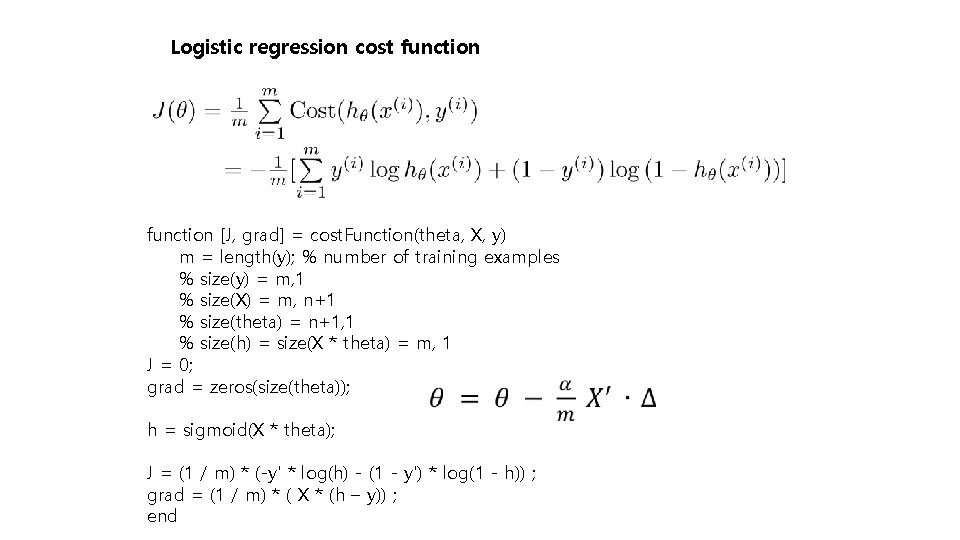Logistic regression cost function [J, grad] = cost. Function(theta, X, y) m = length(y);