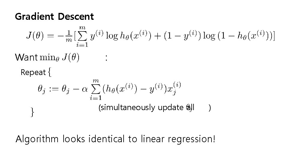 Gradient Descent Want : Repeat (simultaneously update all ) Algorithm looks identical to linear
