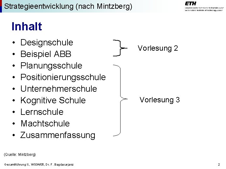 Strategieentwicklung (nach Mintzberg) Inhalt • • • Designschule Beispiel ABB Planungsschule Positionierungsschule Unternehmerschule Kognitive