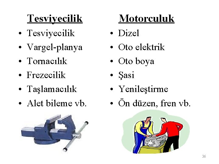 Tesviyecilik • • • Tesviyecilik Vargel-planya Tornacılık Frezecilik Taşlamacılık Alet bileme vb. Motorculuk •