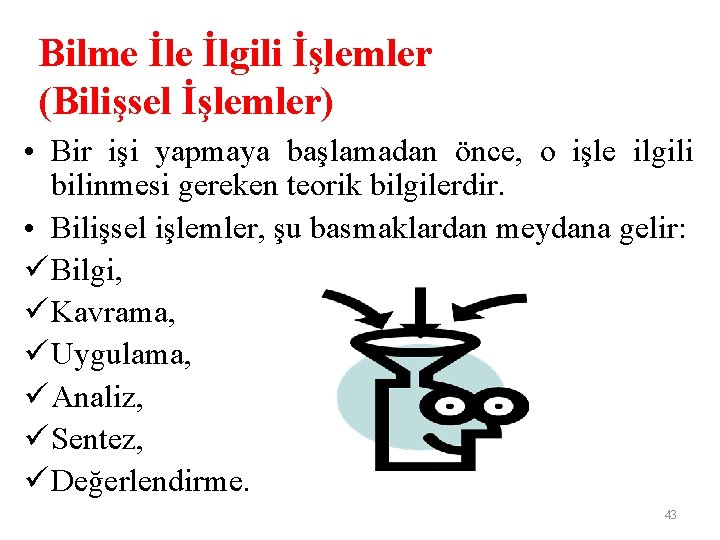 Bilme İlgili İşlemler (Bilişsel İşlemler) • Bir işi yapmaya başlamadan önce, o işle ilgili