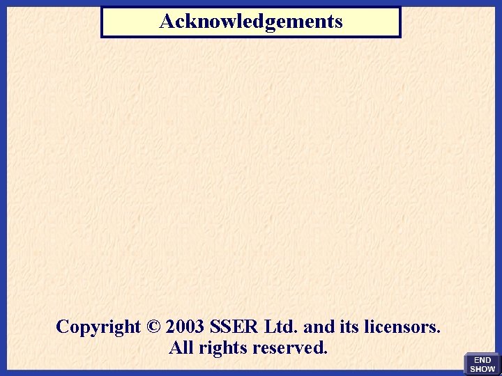 Acknowledgements Copyright © 2003 SSER Ltd. and its licensors. All rights reserved. 