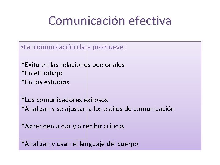 Comunicación efectiva • La comunicación clara promueve : *Éxito en las relaciones personales *En