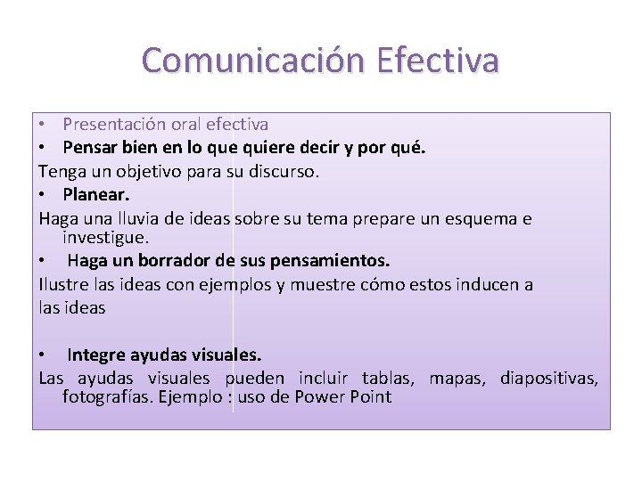 Comunicación Efectiva • Presentación oral efectiva • Pensar bien en lo que quiere decir