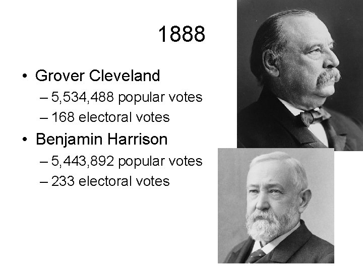 1888 • Grover Cleveland – 5, 534, 488 popular votes – 168 electoral votes