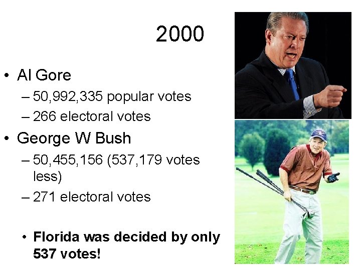 2000 • Al Gore – 50, 992, 335 popular votes – 266 electoral votes