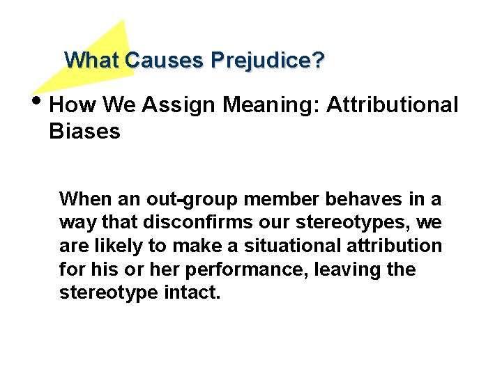 What Causes Prejudice? • How We Assign Meaning: Attributional Biases When an out-group member