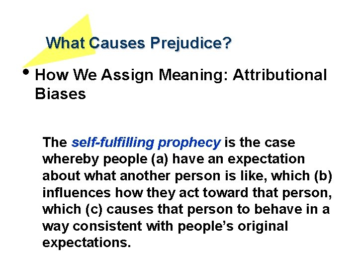 What Causes Prejudice? • How We Assign Meaning: Attributional Biases The self-fulfilling prophecy is