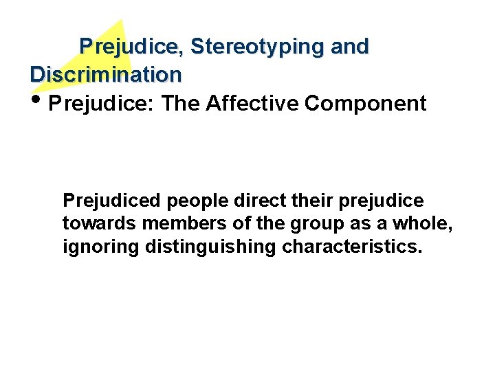Prejudice, Stereotyping and Discrimination • Prejudice: The Affective Component Prejudiced people direct their prejudice
