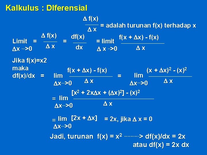 Kalkulus : DIferensial D f(x) Limit = Dx. . . >0 D f(x) Dx