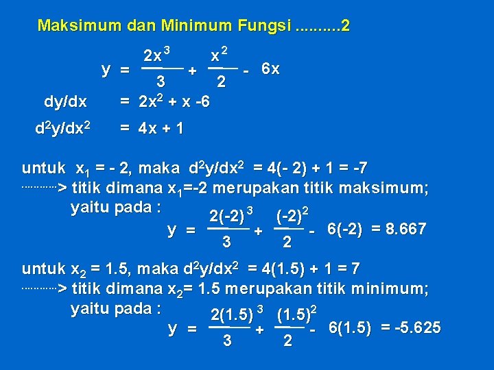 Maksimum dan Minimum Fungsi. . 2 y = dy/dx d 2 y/dx 2 2