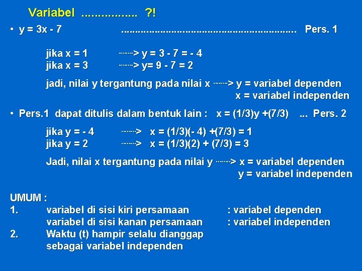 Variabel. . . . ? ! • y = 3 x - 7 jika