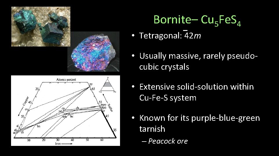 Bornite– Cu 5 Fe. S 4 • Tetragonal: 42 m • Usually massive, rarely