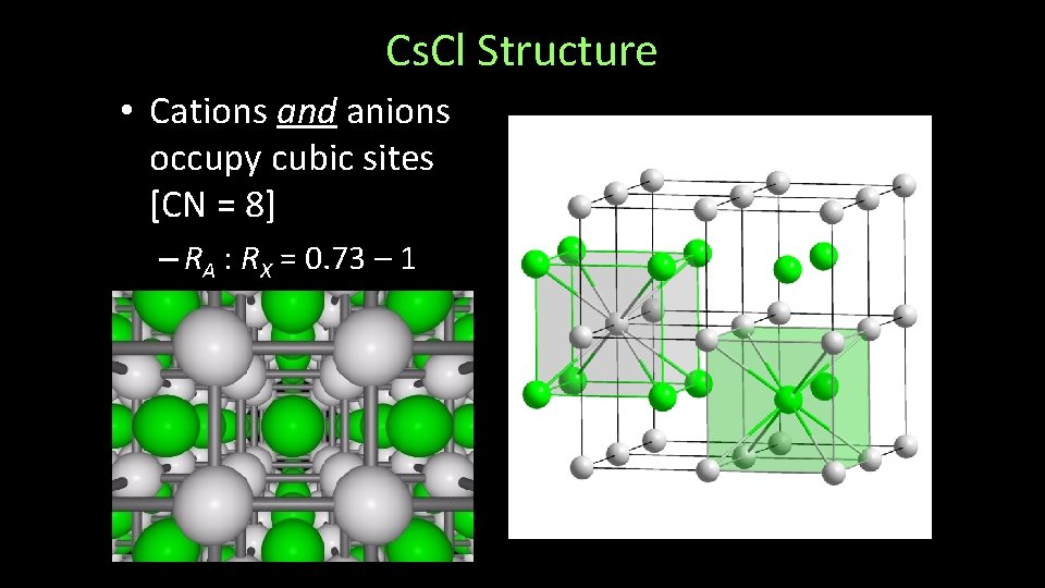 Cs. Cl Structure • Cations and anions occupy cubic sites [CN = 8] –