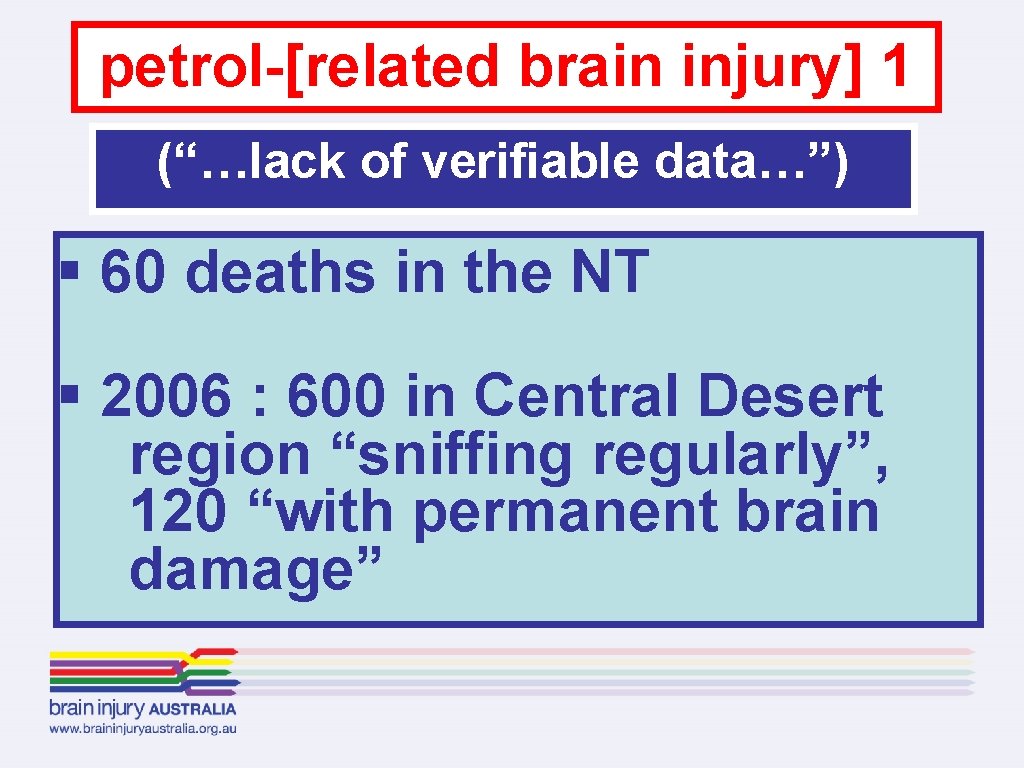 petrol-[related brain injury] 1 (“…lack of verifiable data…”) § 60 deaths in the NT