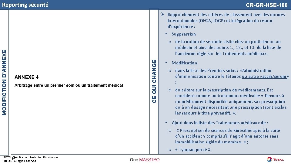 Reporting sécurité CR-GR-HSE-100 Ø Rapprochement des critères de classement avec les normes internationales (OHSA,