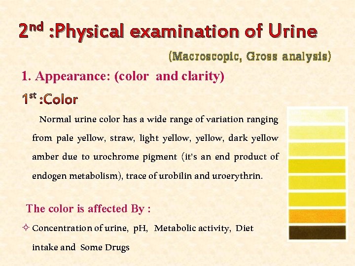 2 nd : Physical examination of Urine (Macroscopic, Gross analysis) 1. Appearance: (color and