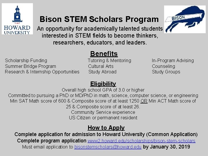 Bison STEM Scholars Program An opportunity for academically talented students interested in STEM fields