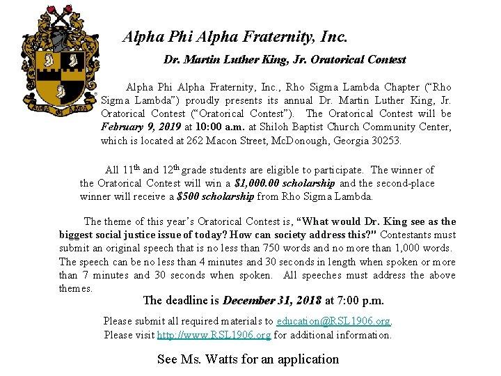 Alpha Phi Alpha Fraternity, Inc. Dr. Martin Luther King, Jr. Oratorical Contest Alpha Phi