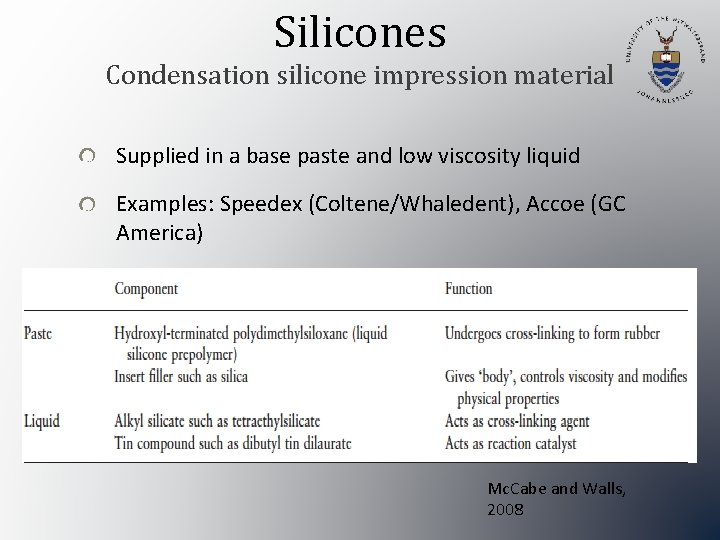 Silicones Condensation silicone impression material Supplied in a base paste and low viscosity liquid
