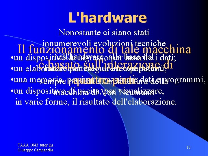 L'hardware Nonostante ci siano stati innumerevoli evoluzioni tecniche Il funzionamento di tale macchina nell'hardware,