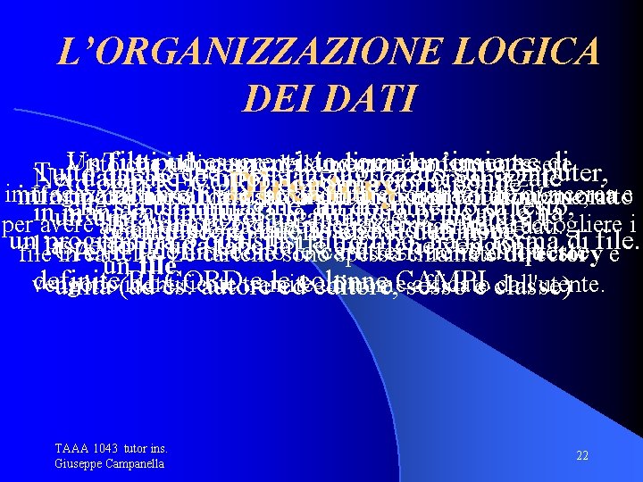 L’ORGANIZZAZIONE LOGICA DEI DATI Un. Tutti file essere visto come un’insieme di iall'interno documenti,