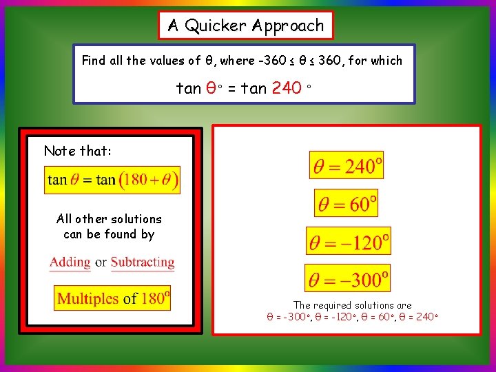 A Quicker Approach Find all the values of θ, where -360 ≤ θ ≤