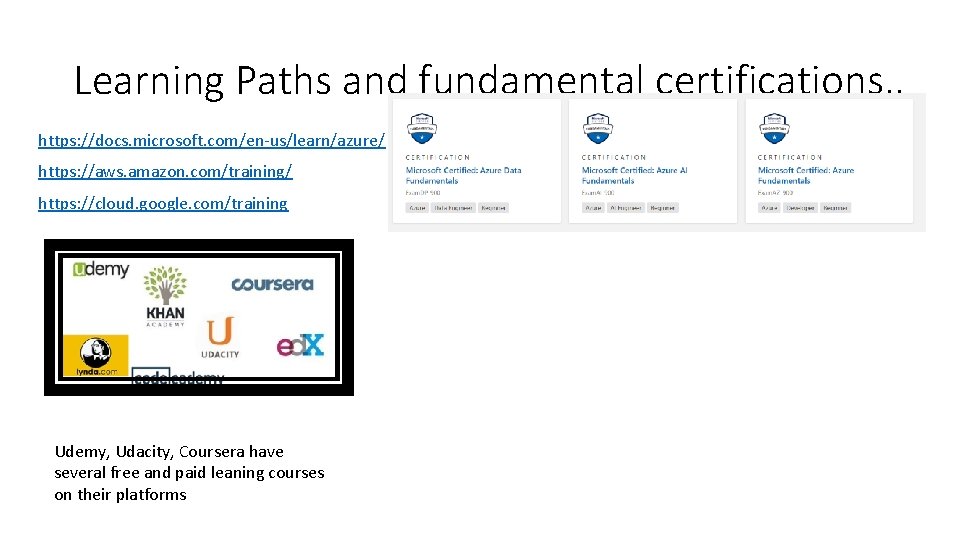 Learning Paths and fundamental certifications. . https: //docs. microsoft. com/en-us/learn/azure/ https: //aws. amazon. com/training/