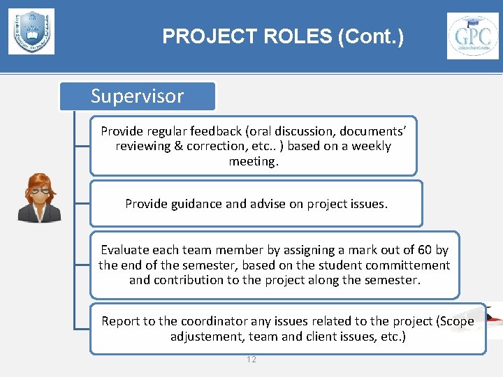 PROJECT ROLES (Cont. ) Supervisor Provide regular feedback (oral discussion, documents’ reviewing & correction,