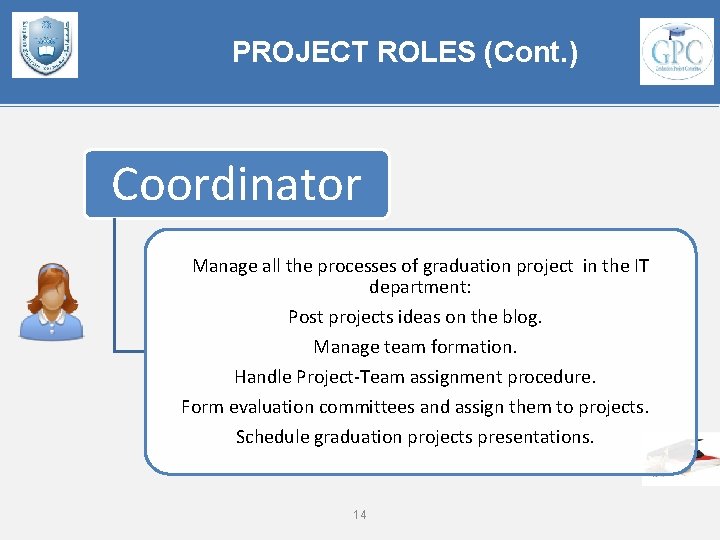 PROJECT ROLES (Cont. ) Coordinator Manage all the processes of graduation project in the