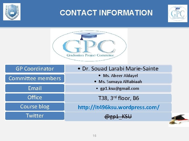 CONTACT INFORMATION GP Coordinator Committee members • Dr. Souad Larabi Marie-Sainte • Ms. Abeer