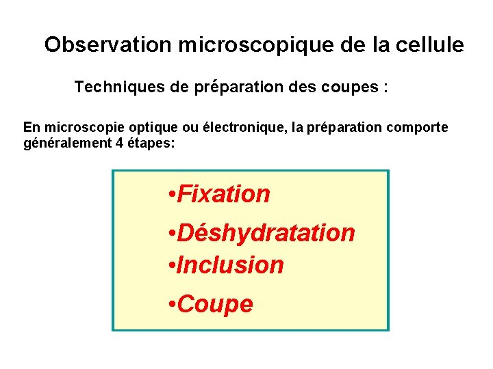 Observation microscopique de la cellule Techniques de préparation des coupes : En microscopie optique Observation microscopique de la cellule Techniques de préparation des coupes : En microscopie optique