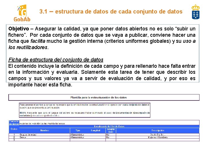 3. 1 – estructura de datos de cada conjunto de datos Objetivo – Asegurar