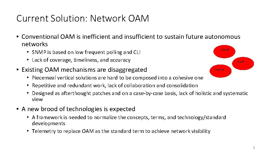 Current Solution: Network OAM • Conventional OAM is inefficient and insufficient to sustain future