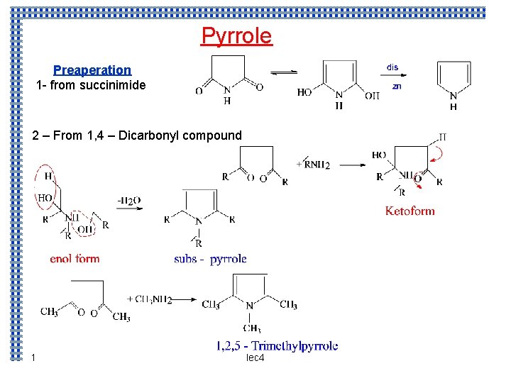 Pyrrole Preaperation 1 - from succinimide 2 – From 1, 4 – Dicarbonyl compound Pyrrole Preaperation 1 - from succinimide 2 – From 1, 4 – Dicarbonyl compound